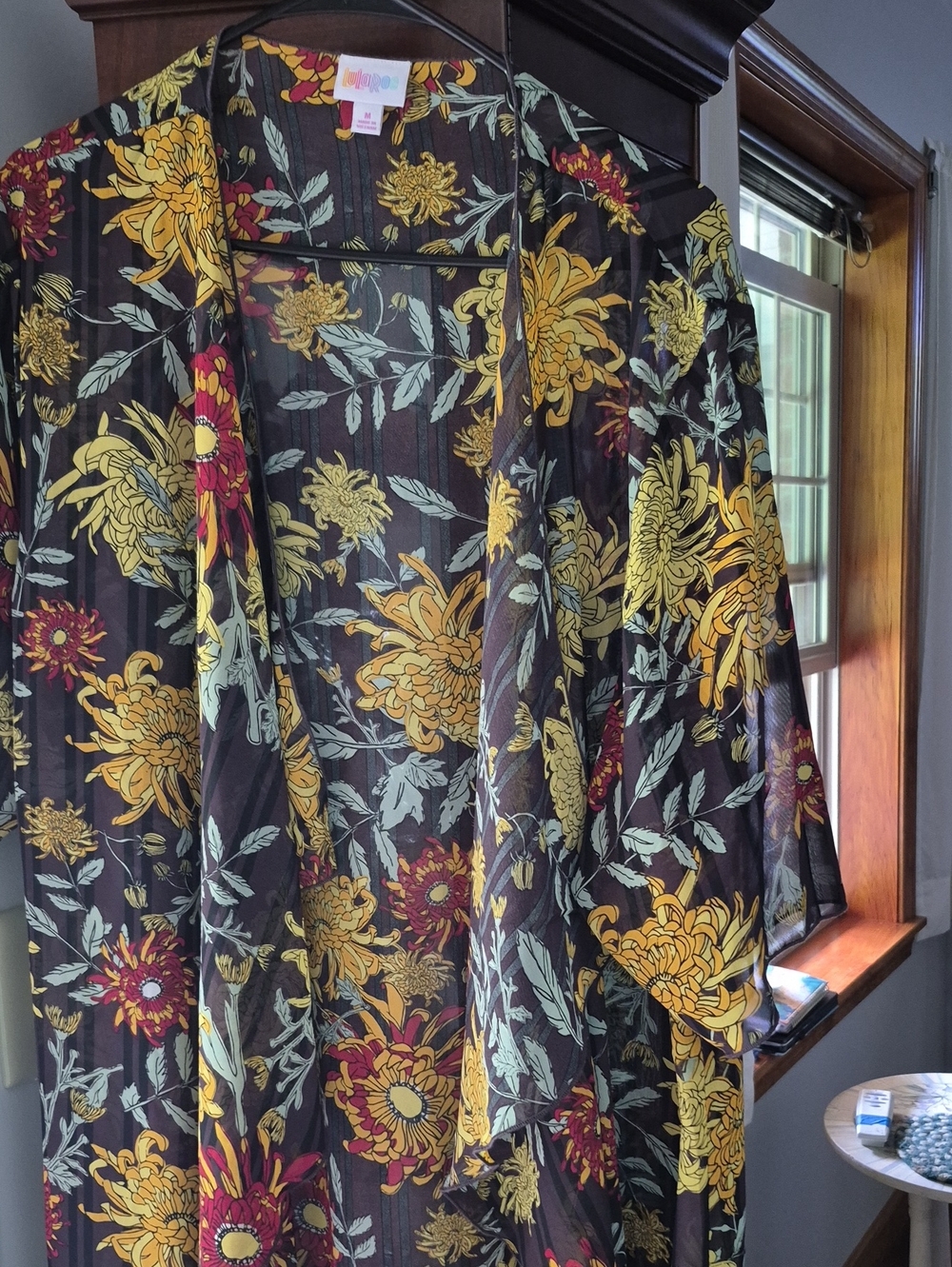 LuLaRoe Sheer Floral Kimono in Black, Yellow & Red